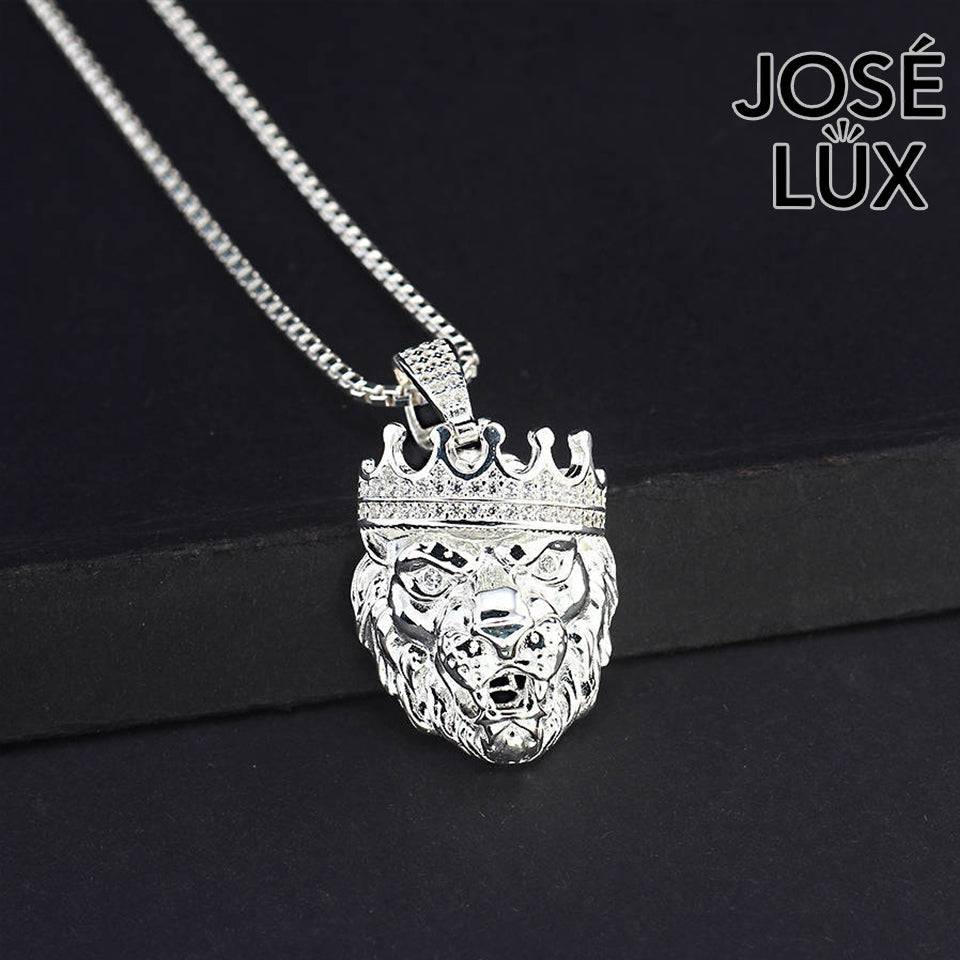 Handmade Lion King Crown Pendant Necklace for Men — 925 Sterling Silver, Rhodium Plated White Gold Finish, Swiss CZ