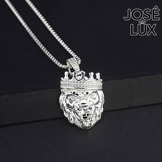 Handmade Lion King Crown Pendant Necklace for Men — 925 Sterling Silver, Rhodium Plated White Gold Finish, Swiss CZ