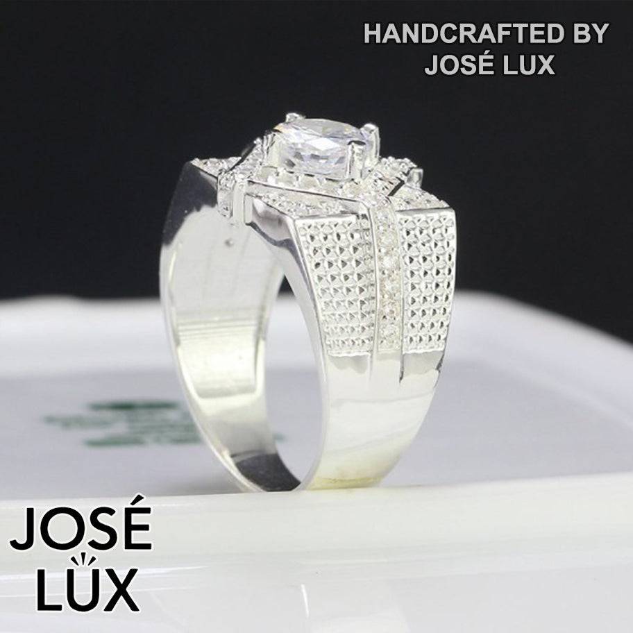 Handmade Men’s Diamond-Shape Halo CZ Ring — 925 Sterling Silver, Rhodium Plated White Gold Finish, Swiss-Certified CZ