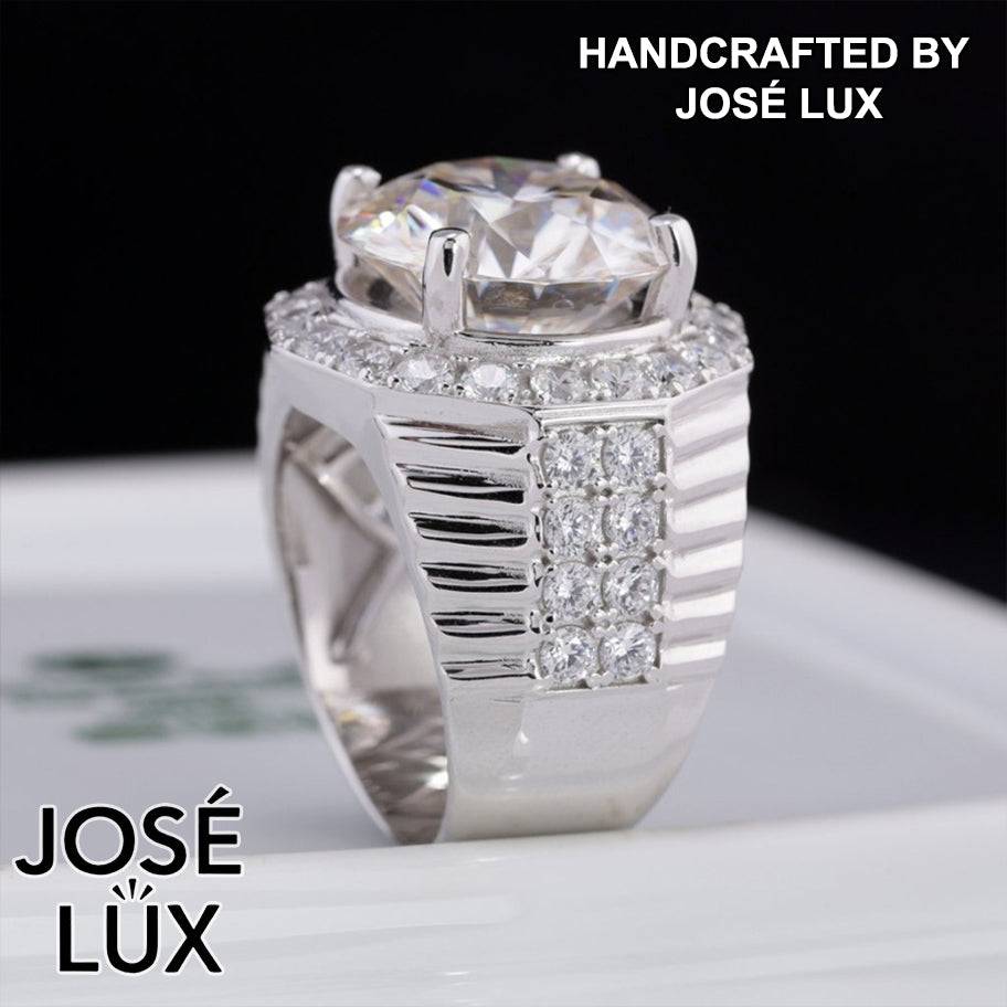 Handmade Men's Halo Ring — 925 Sterling Silver, Rhodium Plated White Gold Finish, 15mm White Moissanite & Swiss CZ Halo