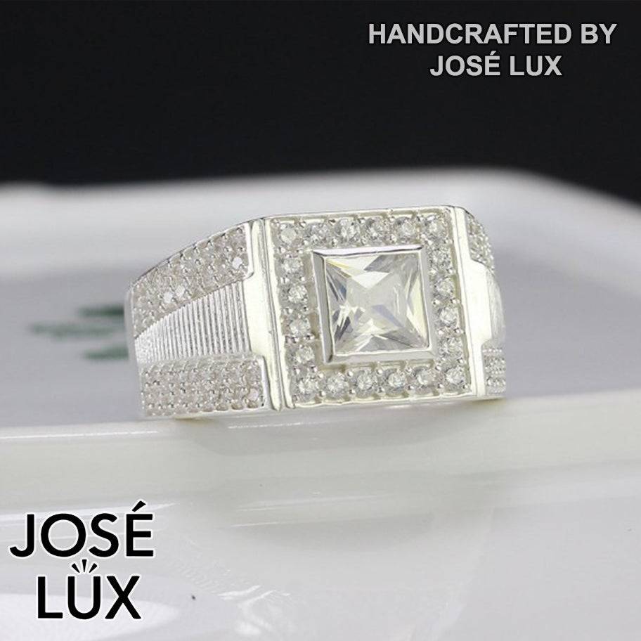 Handmade Men’s Princess-Cut Halo CZ Ring — 925 Sterling Silver, Rhodium Plated White Gold Finish, Swiss-Certified CZ