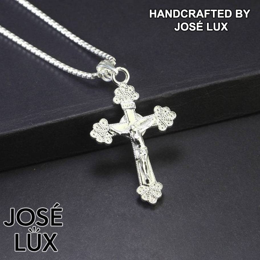 Handmade 925 Sterling Silver Crucifix Pendant Necklace for Men — Rhodium Plated White Gold Finish, Sculpted Jesus Corpus, Ornate Trefoil Arm Caps
