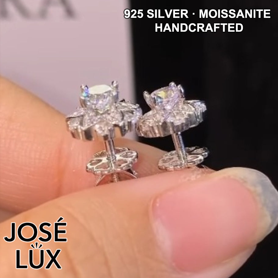 Handmade Moissanite Lotus Flower Stud Earrings — 925 Sterling Silver, Rhodium Plated White Gold Finish, GRA Moissanite