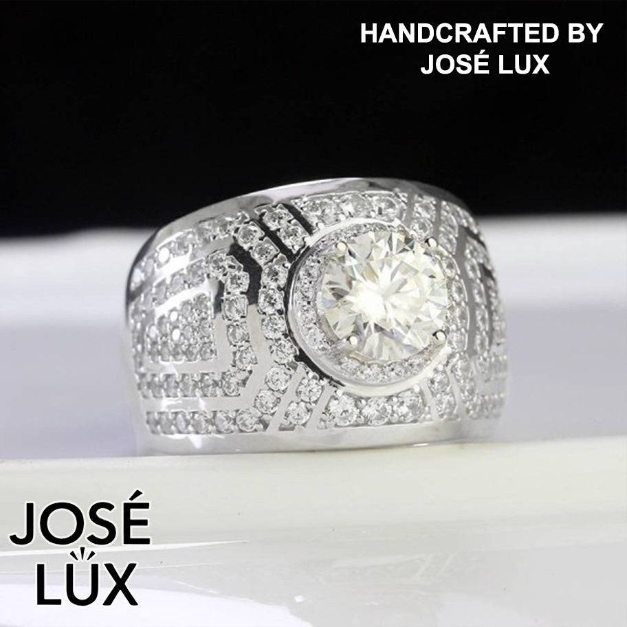 Handmade Men's Round Center Ring with Full Pavé Halo — 925 Sterling Silver, Rhodium Plated White Gold Finish, Blue-Green Moissanite & CZ