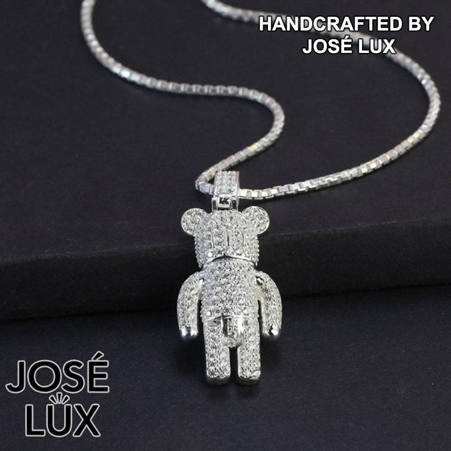 Handmade Iced Out Brick Bear Pendant Necklace for Men — 925 Sterling Silver, Rhodium Plated White Gold Finish, Swiss CZ