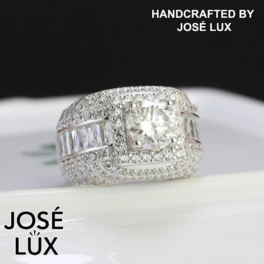 Handmade Men's Moissanite Domed Baguette Wide Band Ring — 925 Sterling Silver, Rhodium Plated White Gold Finish, GRA Moissanite