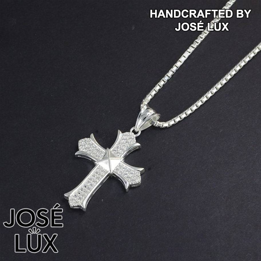 Handmade Iced Out Gothic Cross Pendant Necklace for Men — 925 Sterling Silver, Rhodium Plated White Gold Finish, Swiss CZ