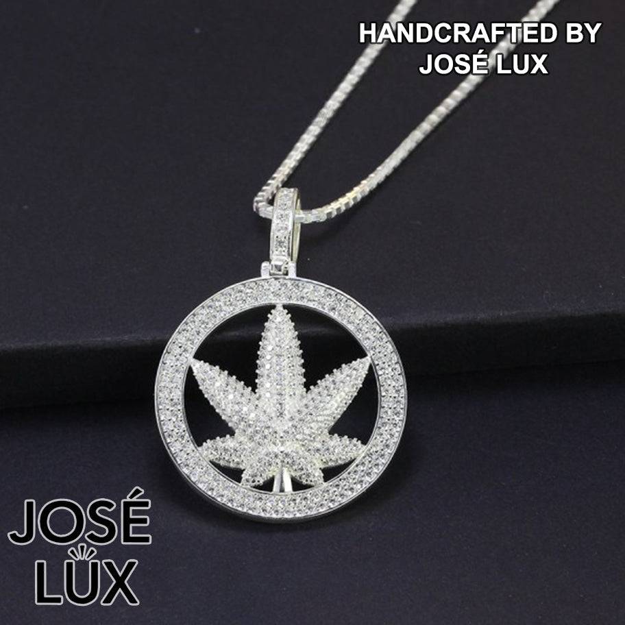 Handmade Iced Out Weed Leaf Pendant Necklace for Men — 925 Sterling Silver, Rhodium Plated White Gold Finish, Swiss CZ