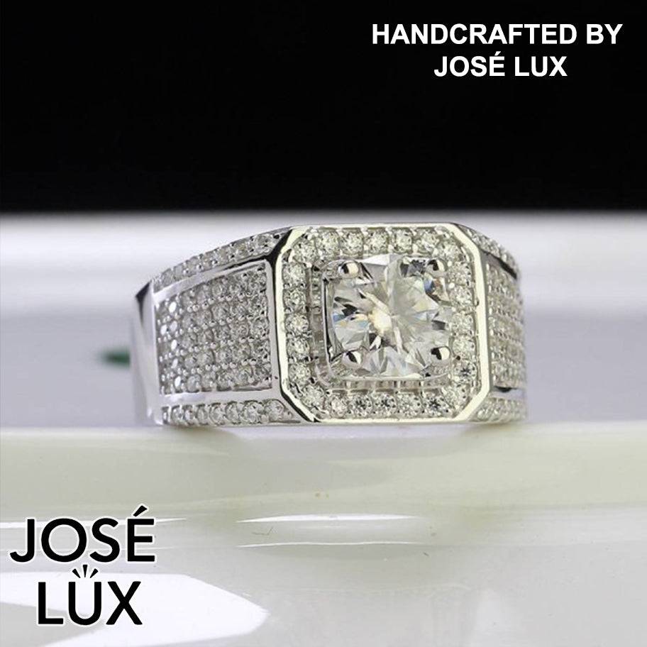 Handmade Men's Square Halo Iced Out Ring — 925 Sterling Silver, Rhodium Plated White Gold Finish, Full Moissanite