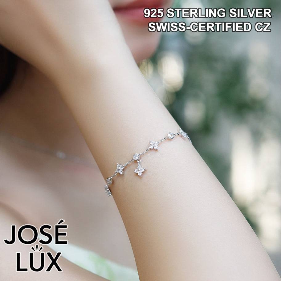 Handmade CZ 4 Petal Flower Station Bracelet — 925 Sterling Silver, Rhodium-Plated White Gold Finish