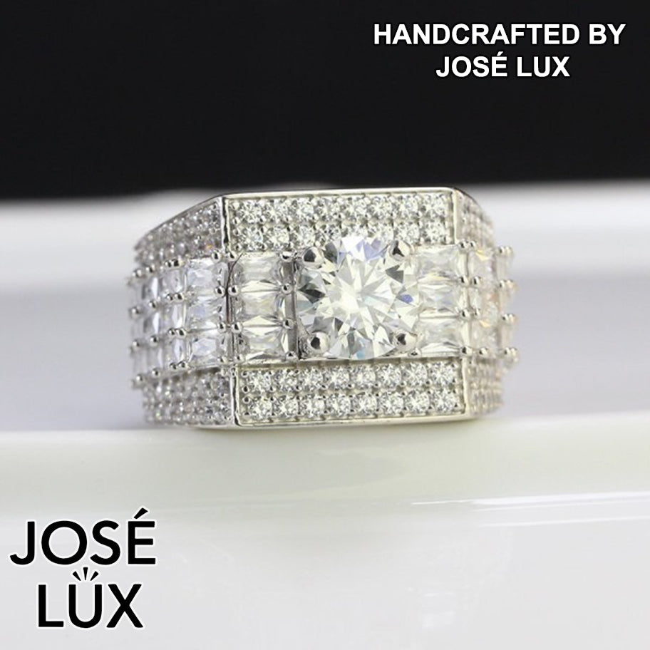Handmade Men's Moissanite Bust Down Ring — 925 Sterling Silver, Rhodium Plated White Gold Finish, 7.5mm Moissanite & Swiss CZ