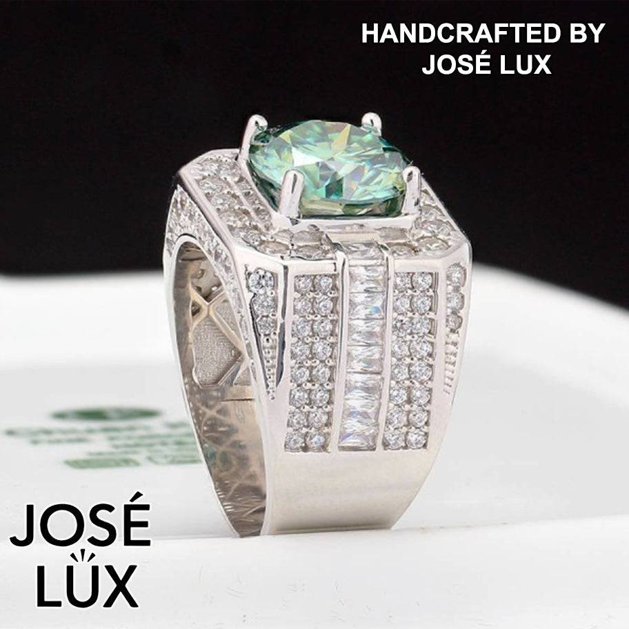 Handmade Men's Round Center Halo Ring with Baguette Side Stones — 925 Sterling Silver, Rhodium Plated White Gold Finish, Blue-Green Moissanite & CZ