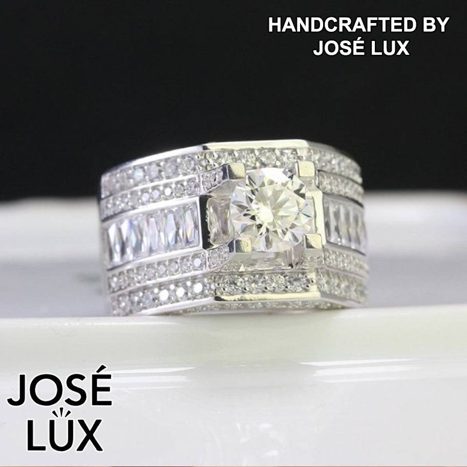 Handmade Men's Round Center Ring with Baguette Side Stones — 925 Sterling Silver, Rhodium Plated White Gold Finish, Blue-Green Moissanite & CZ