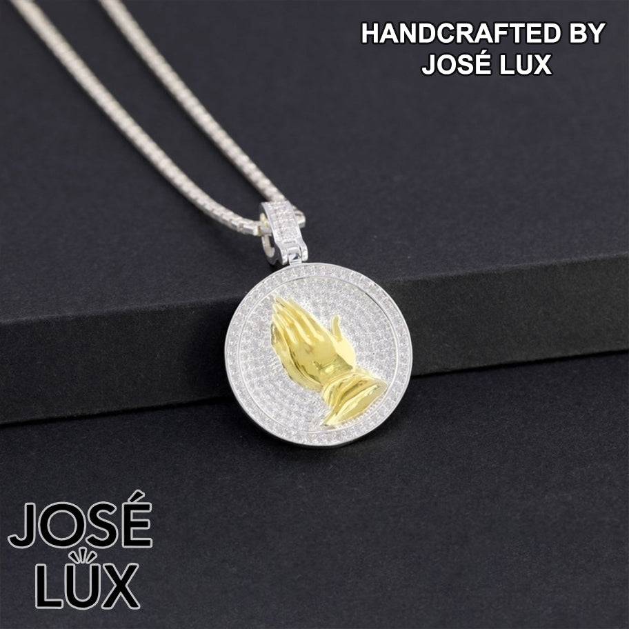 Handmade Iced Out Praying Hands Pendant Necklace for Men — 925 Sterling Silver, Two-Tone Gold & White Rhodium Finish, Swiss CZ