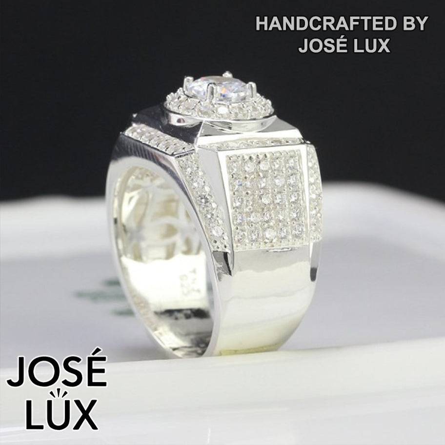 Handmade Men’s Double Halo CZ Ring — 925 Sterling Silver, Rhodium Plated White Gold Finish, Swiss-Certified CZ