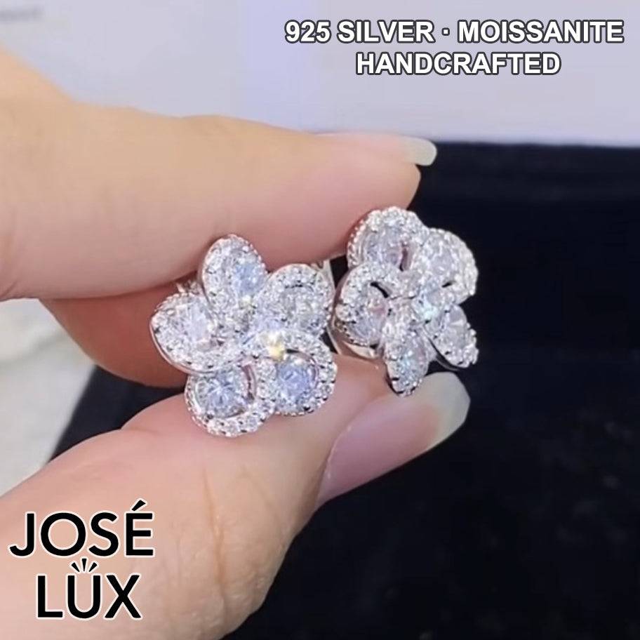 Handmade Moissanite Flower Clip-On Earrings — 925 Sterling Silver, Rhodium Plated White Gold Finish, GRA Moissanite