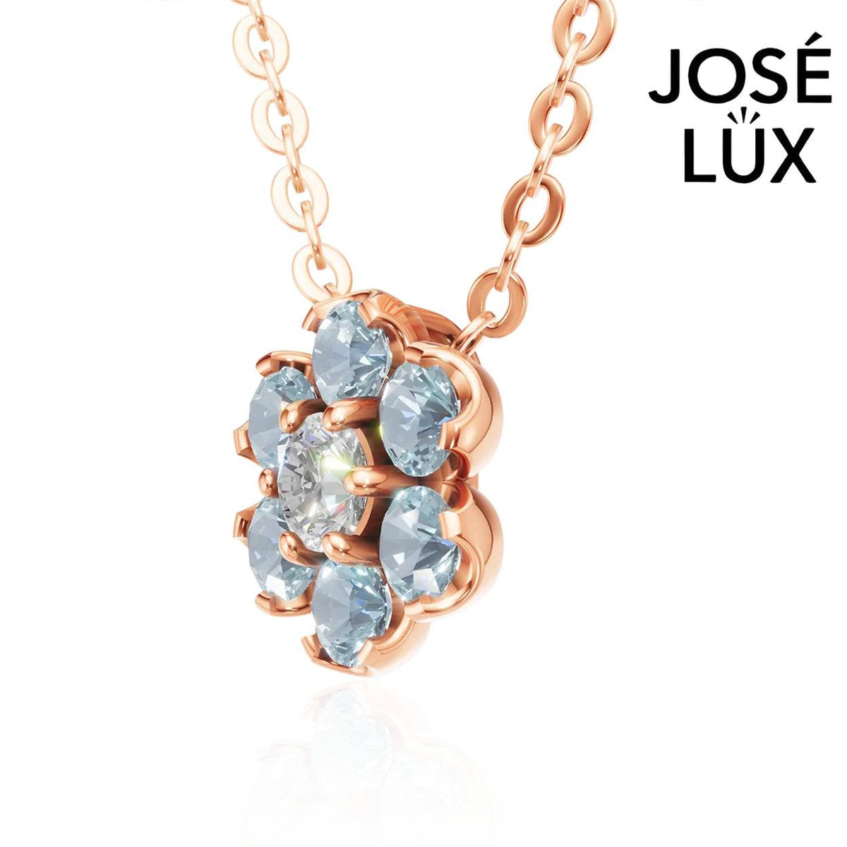 Handmade Women’s 10K Rose Gold Flower Necklace — Light Blue CZ, 18 Inches
