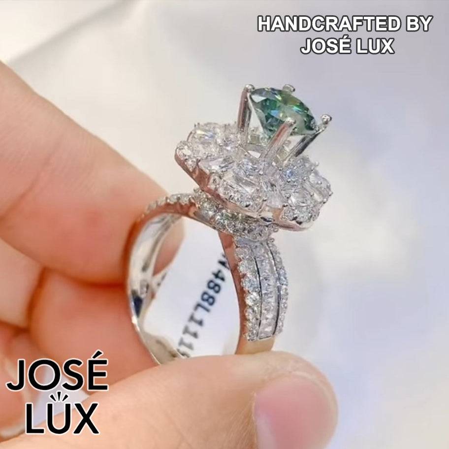 Handmade Green Moissanite Ballerina Ring — 925 Sterling Silver, Rhodium Plated White Gold Finish, GRA Moissanite