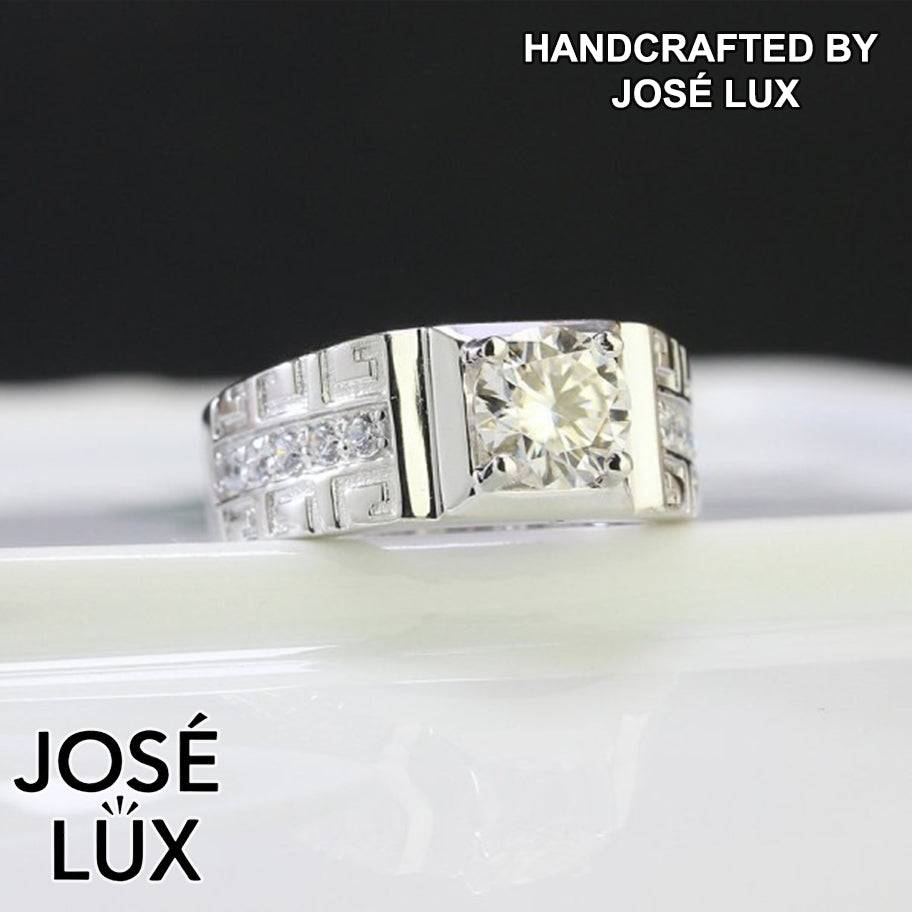 Handmade Men’s Greek Key Solitaire Ring — 925 Sterling Silver, Rhodium Plated White Gold Finish, GRA Moissanite