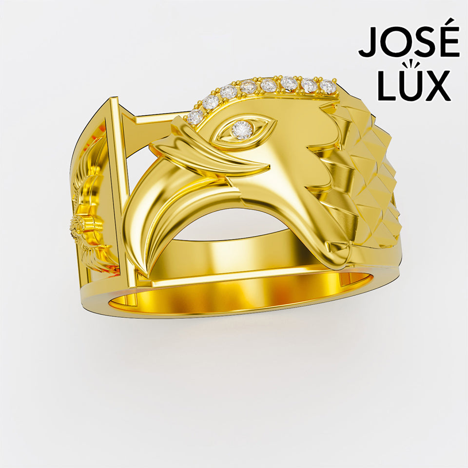 Handmade Eagle Head Signet Ring — 10K & 14K Gold, Full Moissanite Accents
