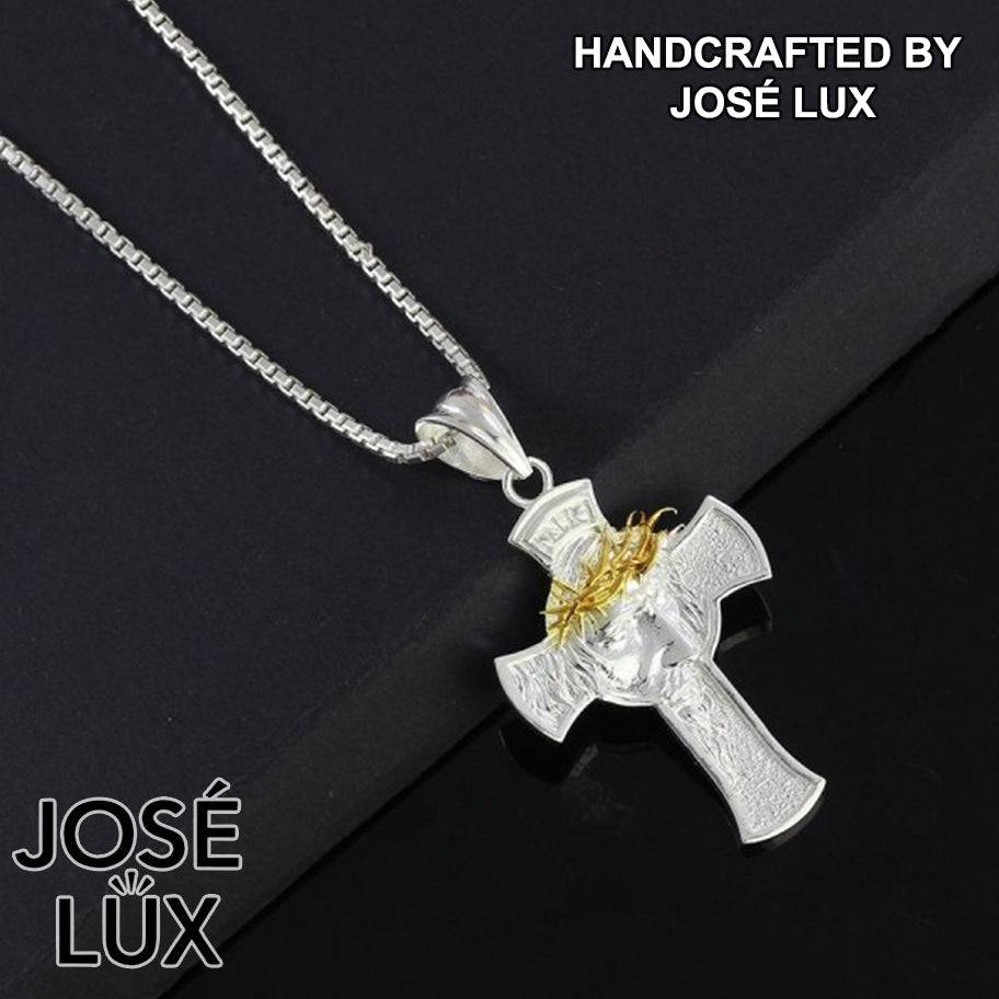 Handmade Jesus Face Cross Pendant Necklace for Men — 925 Sterling Silver, Two-Tone Gold Crown of Thorns, Rhodium Plated White Finish