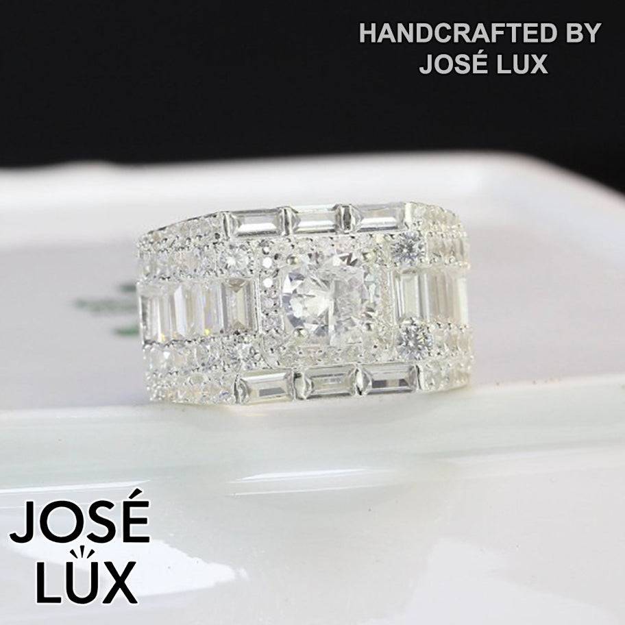 Handmade Men’s Wide-Band Baguette CZ Ring — 925 Sterling Silver, Rhodium Plated White Gold Finish, Swiss-Certified CZ