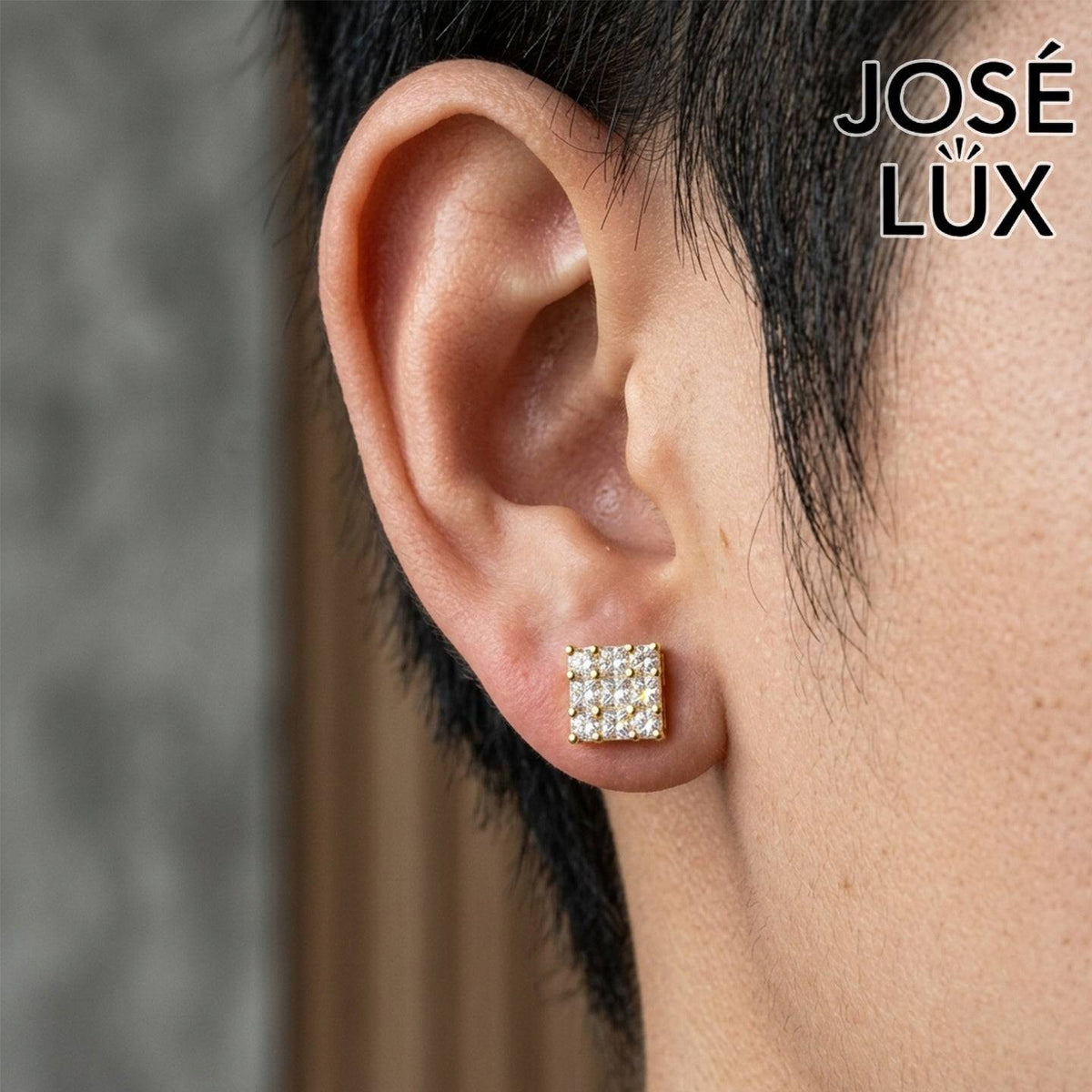 Handmade Men’s Square Cluster Earrings – 10K & 14K Gold Moissanite (Single or Pair)
