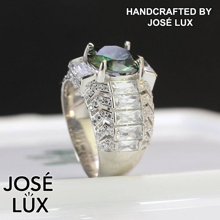 Handmade Men's Round Center Ring with Baguette Side Stones and Chevron Pavé — 925 Sterling Silver, Rhodium Plated White Gold Finish, Moissanite & CZ