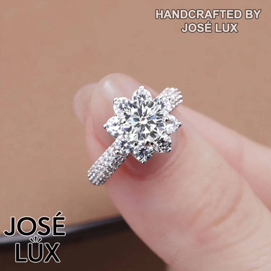 Handmade Flower Halo Ring — 925 Sterling Silver, Rhodium Plated White Gold Finish, GRA Moissanite