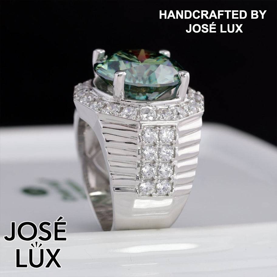 Handmade Men's Halo Ring — 925 Sterling Silver, Rhodium Plated White Gold Finish, 15mm Blue-Green Moissanite & Swiss CZ Halo