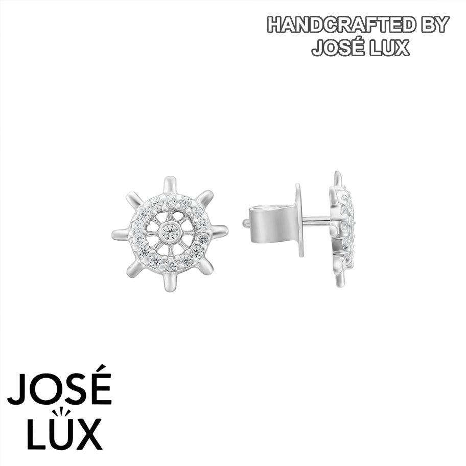 Handmade Ship Wheel Stud Earrings — 925 Sterling Silver, Rhodium Plated White Gold Finish, Swiss CZ