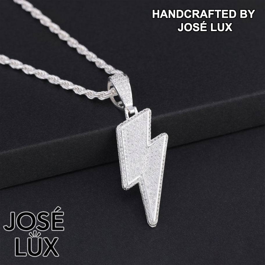 Handmade Iced Out Lightning Bolt Pendant Necklace for Men — 925 Sterling Silver, Rhodium Plated White Gold Finish, Swiss CZ