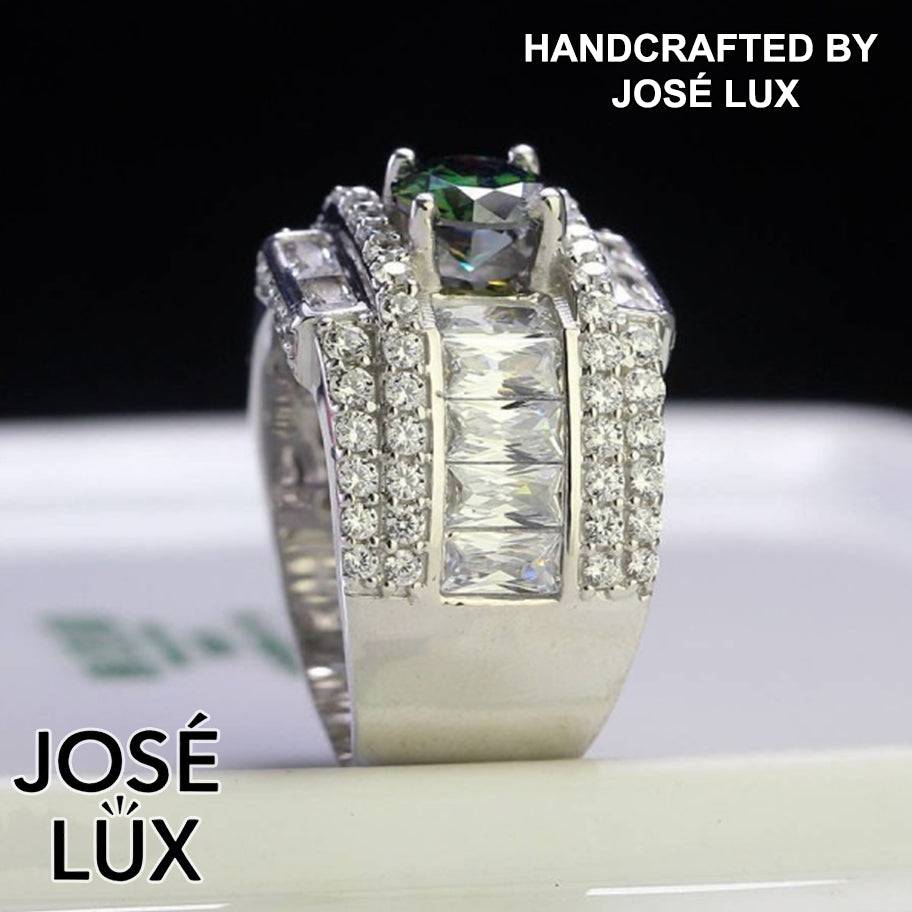 Handmade Men's Green Moissanite Wide Band Ring — 925 Sterling Silver, Rhodium Plated White Gold Finish, GRA Moissanite