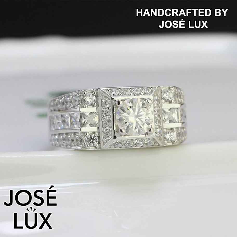 Handmade Men's Moissanite Halo Solitaire Ring — Princess Channel Band, 925 Sterling Silver, Rhodium Plated White Gold Finish