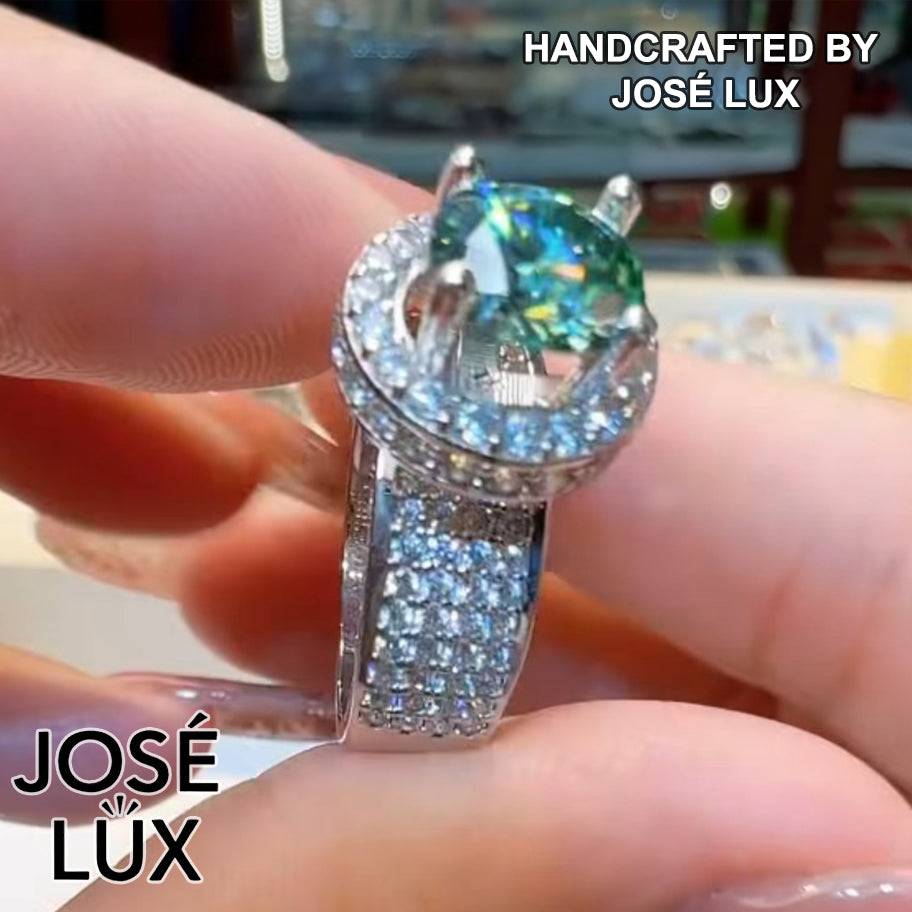 Handmade Green Moissanite Halo Ring — 925 Sterling Silver, Rhodium Plated White Gold Finish, GRA Moissanite