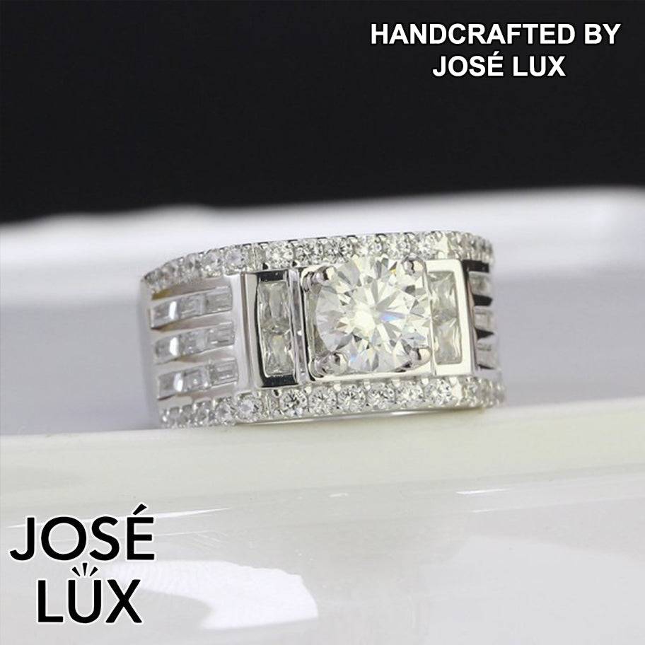 Handmade Men's Moissanite Art Deco Wide Band Ring — 925 Sterling Silver, Rhodium Plated White Gold Finish, GRA Moissanite
