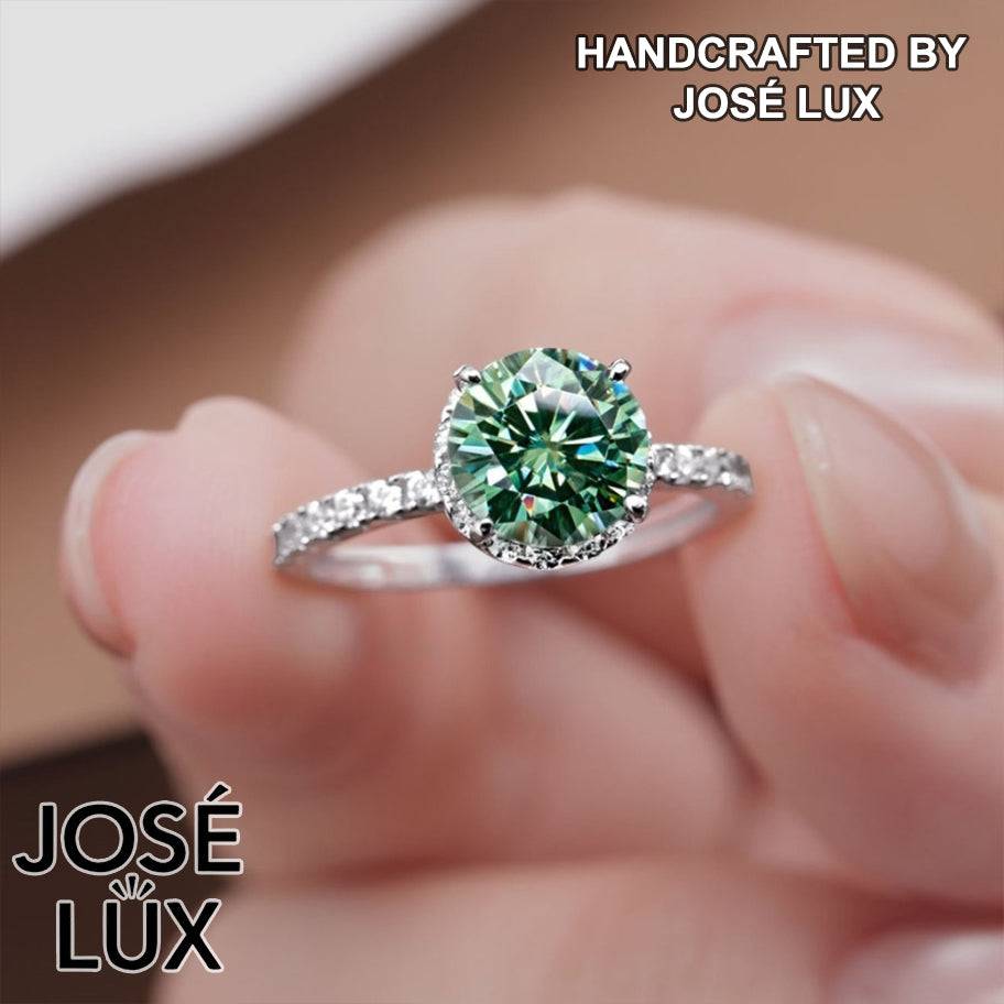 Handmade Green Moissanite Solitaire Halo Ring — 925 Sterling Silver, Rhodium Plated White Gold Finish, GRA Moissanite