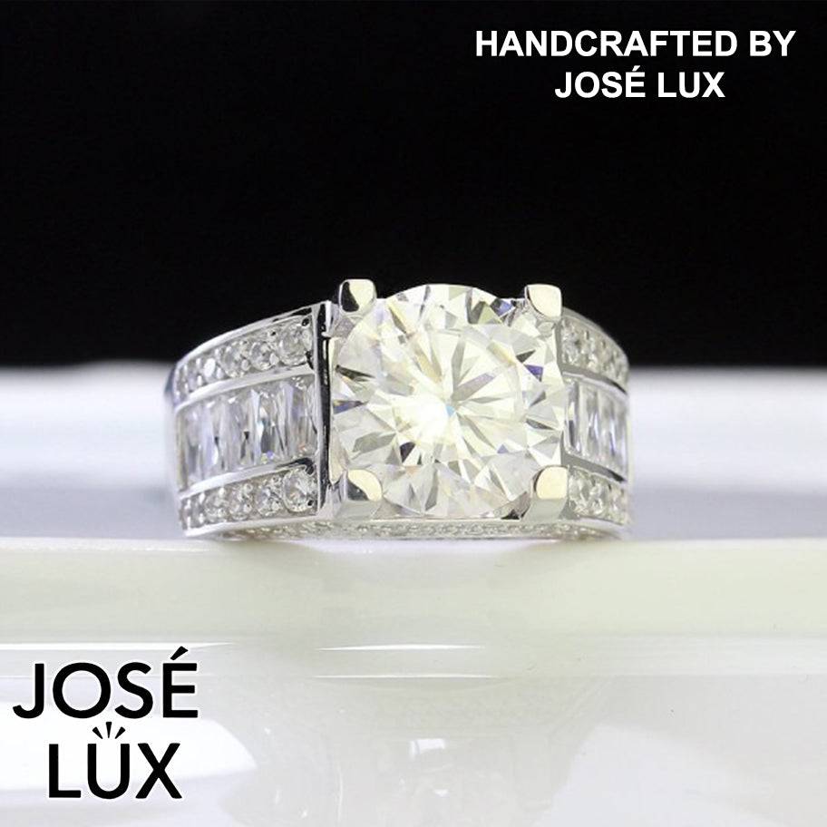Handmade Men's Round Center Ring with Baguette Side Stones — 925 Sterling Silver, Rhodium Plated White Gold Finish, Moissanite & CZ
