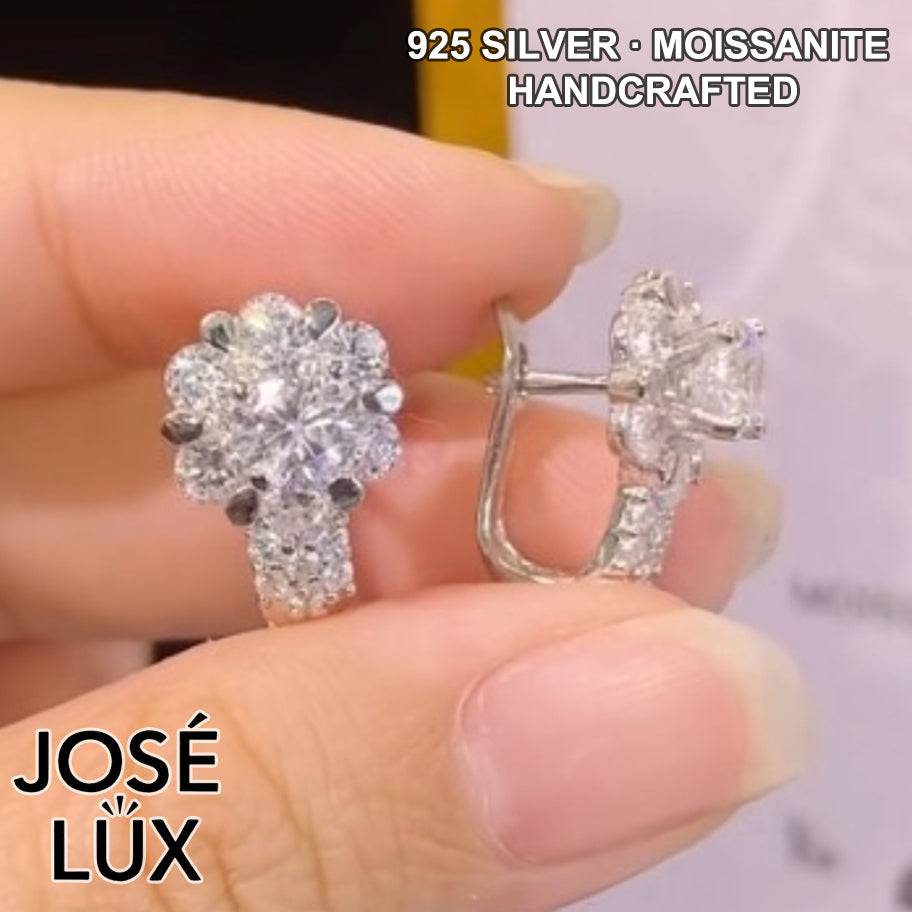 Handmade Moissanite Flower Lever Back Earrings — 925 Sterling Silver, Rhodium Plated White Gold Finish, GRA Moissanite