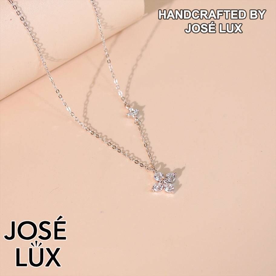 Handmade Twin Flower Four-Petal CZ Necklace — 925 Sterling Silver, Rhodium Plated White Gold Finish, Swiss CZ