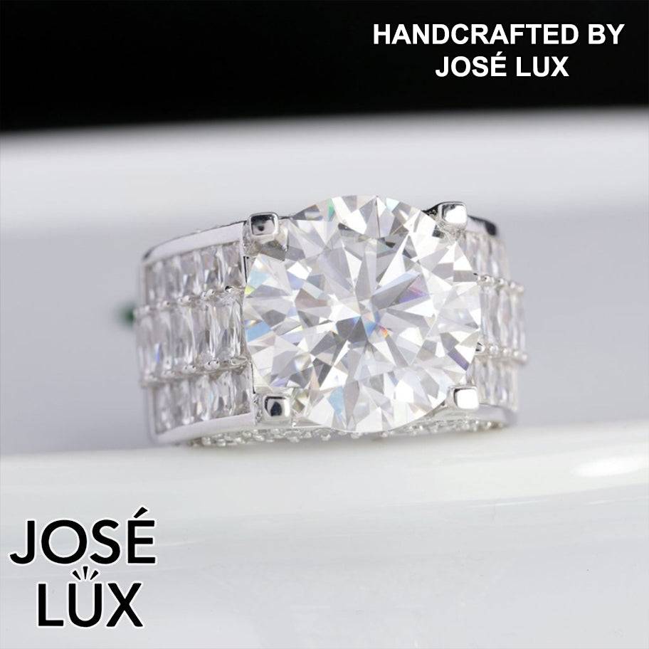 Handmade Men's Baguette Channel Set Ring — 925 Sterling Silver, Rhodium Plated White Gold Finish, 14mm Moissanite & CZ