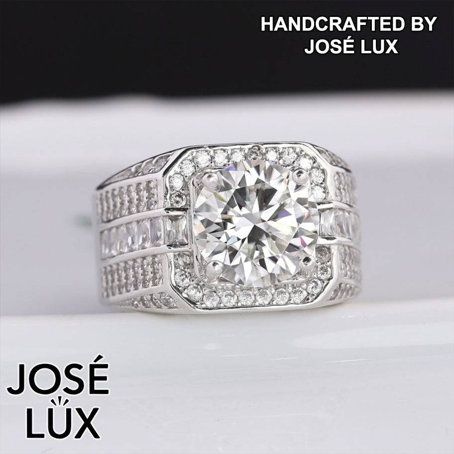 Handmade Men's Square Halo Ring with Baguette Channel — 925 Sterling Silver, Rhodium Plated White Gold Finish, Moissanite & CZ