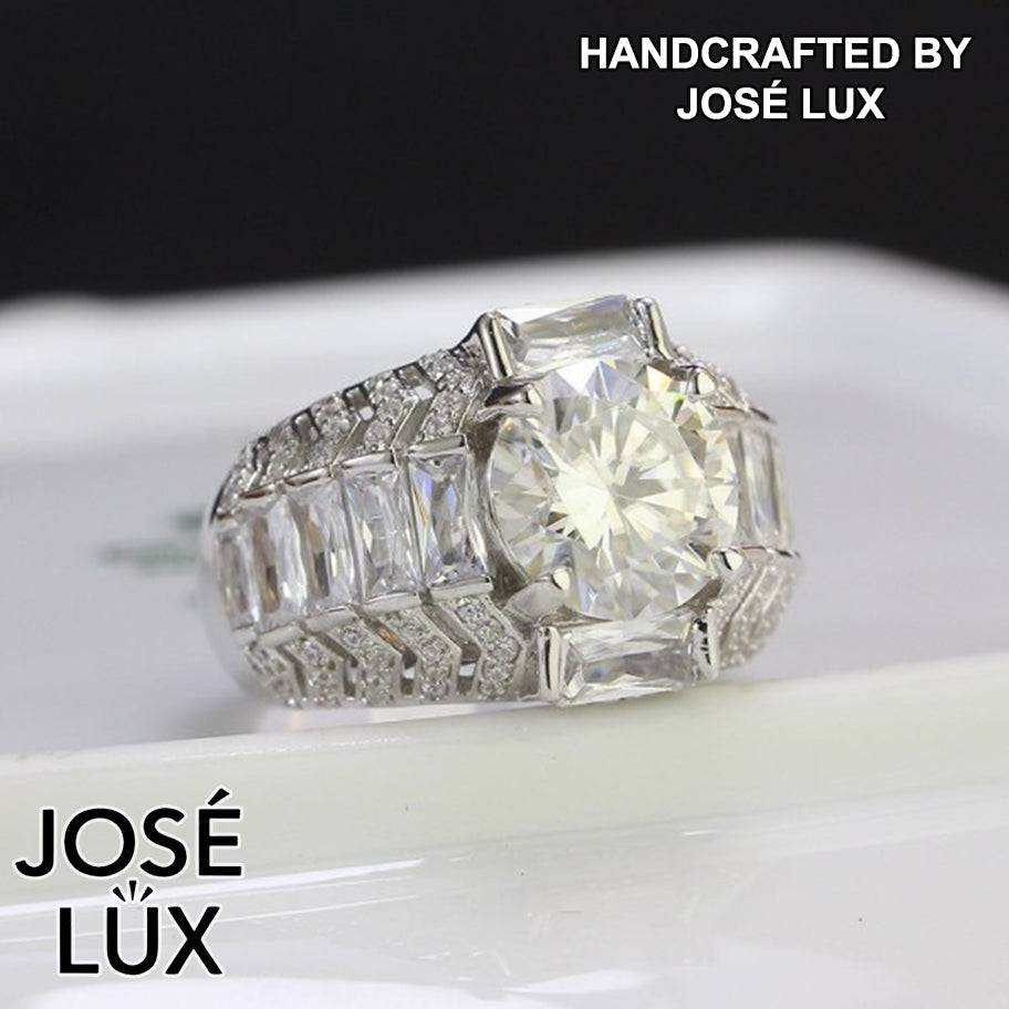 Handmade Men's Round Center Ring with Baguette Side Stones and Chevron Pavé — 925 Sterling Silver, Rhodium Plated White Gold Finish, Moissanite & CZ