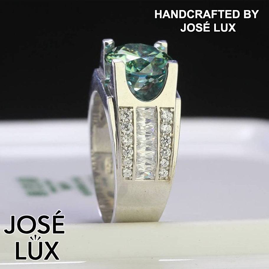 Handmade Men's Tension Setting Ring — 925 Sterling Silver, Rhodium Plated White Gold Finish, Green Moissanite & CZ