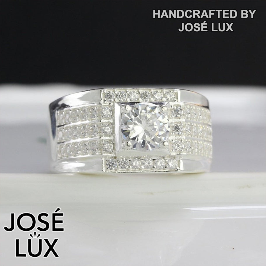 Handmade Men’s Round CZ Solitaire Ring — 925 Sterling Silver, Rhodium Plated White Gold Finish, Swiss-Certified CZ