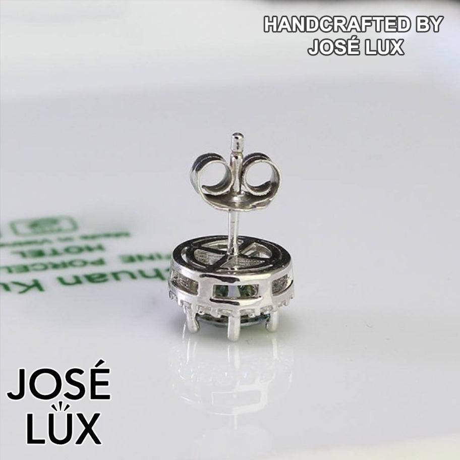 Handmade Men’s Round Halo Stud Earring — 925 Sterling Silver, Rhodium Plated White Gold Finish, Green Moissanite 0.8ct