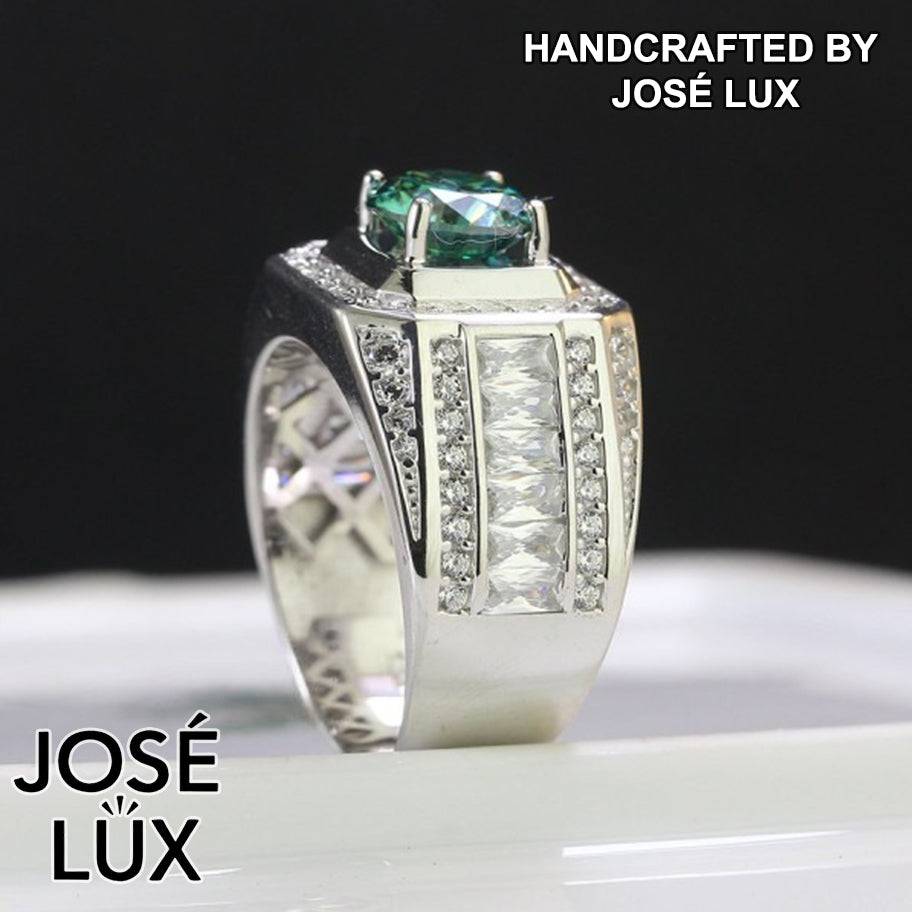 Handmade Men's Green Moissanite Square Halo Ring — 925 Sterling Silver, Rhodium Plated White Gold Finish, GRA Moissanite