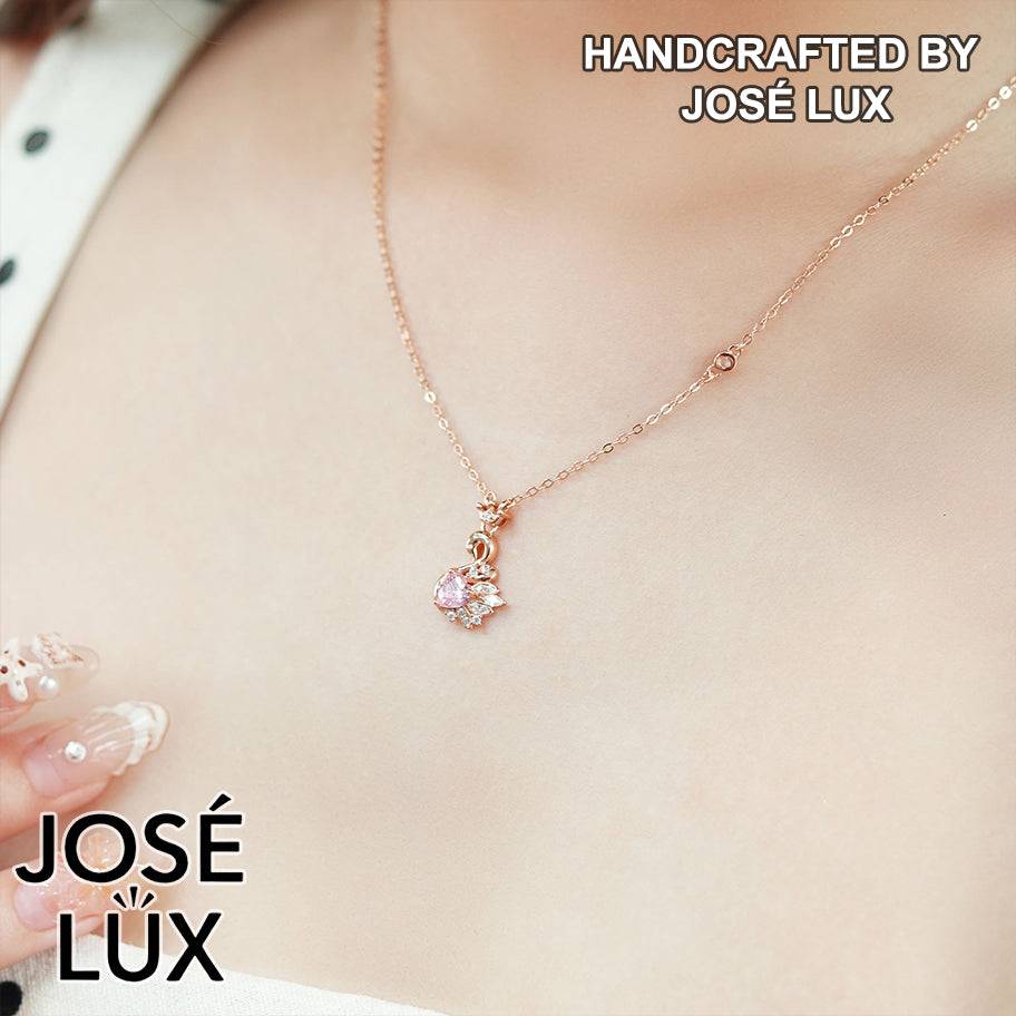 Handmade Swan Pendant Necklace — 925 Sterling Silver, Rose Gold Rhodium Plating, Pink CZ Heart Body, White CZ Crown and Tail
