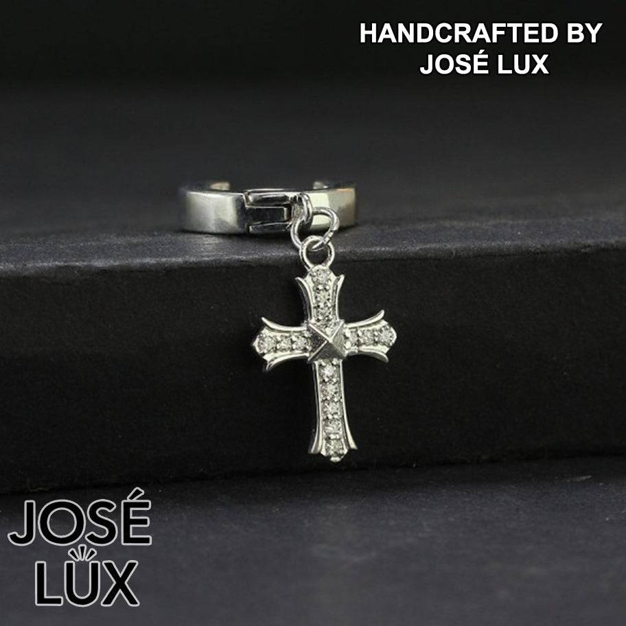 Handmade Men’s Cross Huggie Dangle Earring — 925 Sterling Silver, Rhodium Plated White Gold Finish, Full Moissanite Cross Pendant