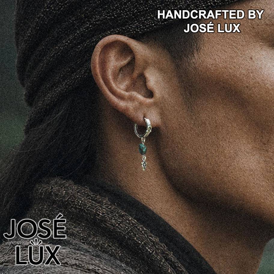 Handmade Turquoise Dangle Huggie Earring — Men's 925 Sterling Silver, Raw Natural Stone & Hand-Cast Silver Charm